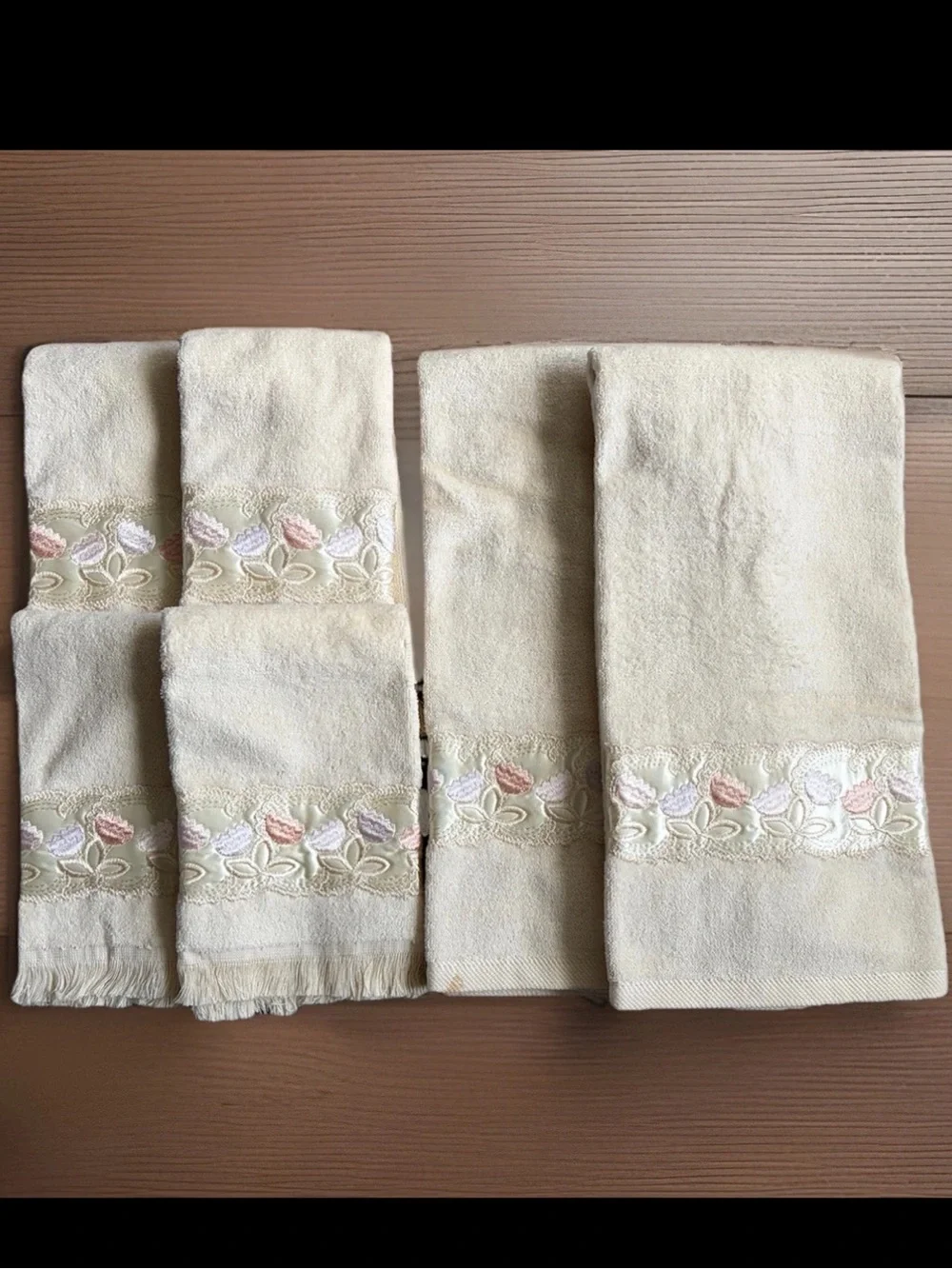 Vintage TROUSSEAU Towel Set 10pc Ivory Cotton Satin Flower Trim 1985 NEVER USED!